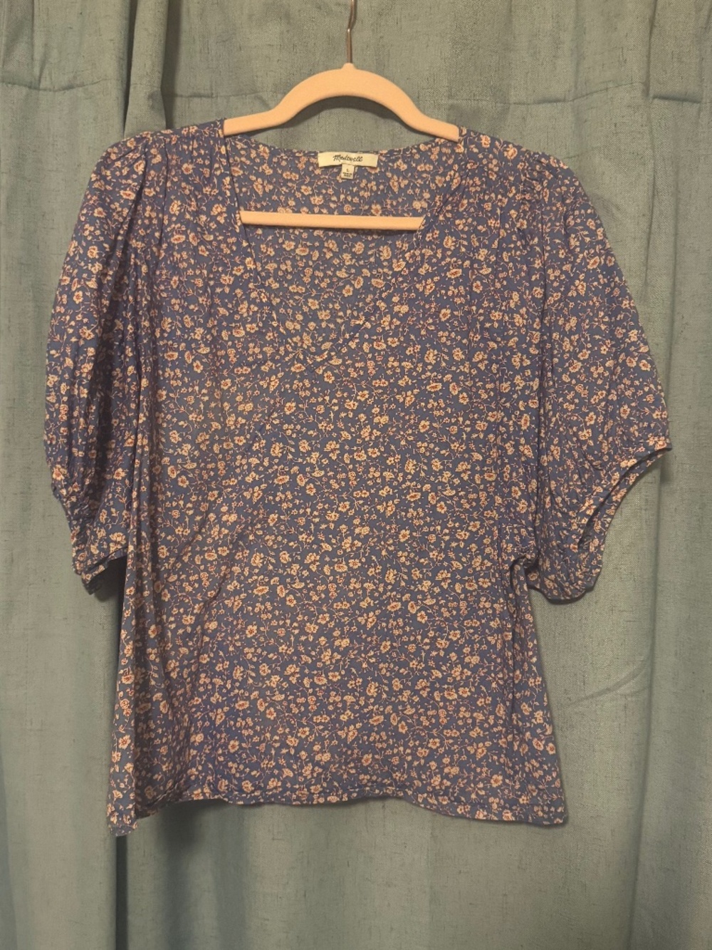 Madewell V-Neck Puff-Sleeve Top in Summer Vines Blue Ditsy Floral L